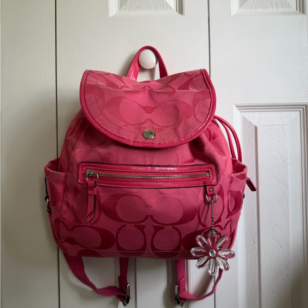 Coach Pink Signature Jacquard Backpack with Flower Charm